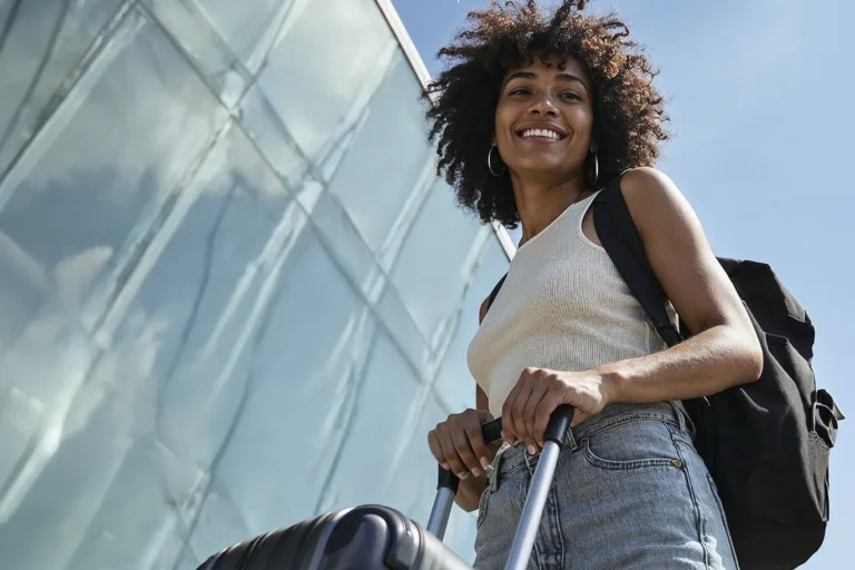 Jovem sorridente com mochila nas costas e segurando a alça de uma mala de viagem, pronta para o intercâmbio no exterior após organizar o seu Apostilamento de Haia.